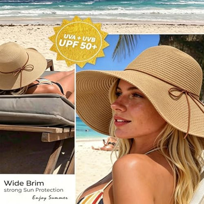 Womens Beach Sun Straw Hat Oversize Wide Brim Beach Roll up Hats Floppy Foldable Summer Hat Vacation UPF 50+ - color: Khaki02