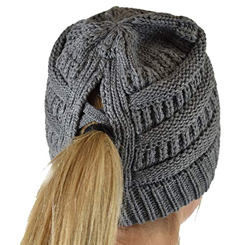 C.C Exclusives Soft Stretch Cable Knit Messy Bun Ponytail Beanie Winter Hat for Women (MB-20A) - color: Criss Cross Light Melange Gray