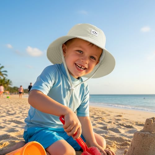 Kids Sun Hat Smile Face Bucket Hat Toddler Hat Wide Brim Adjustable Strap - color: Beige, size: 3-8T