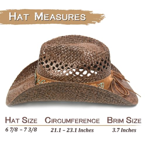 Keilin Cowboy Hats for Women and Men - Straw Teardrop Western Cowgirl Cowboy Sun Hat for Teens and Adults - color: Brown Studs Longhorn Skull