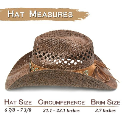 Keilin Cowboy Hats for Women and Men - Straw Teardrop Western Cowgirl Cowboy Sun Hat for Teens and Adults - color: Brown Studs Longhorn Skull