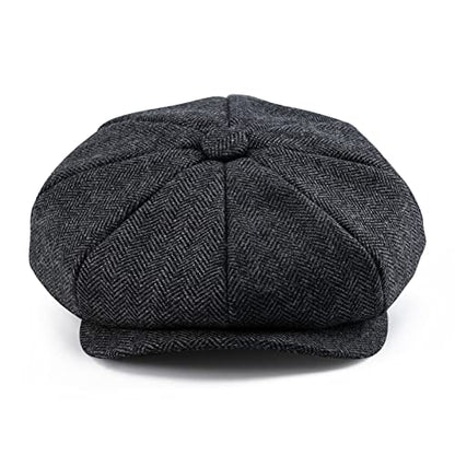 BOTVELA Men's 8 Panel Wool Blend Newsboy Flat Cap - color: Black, size: 7 5/8