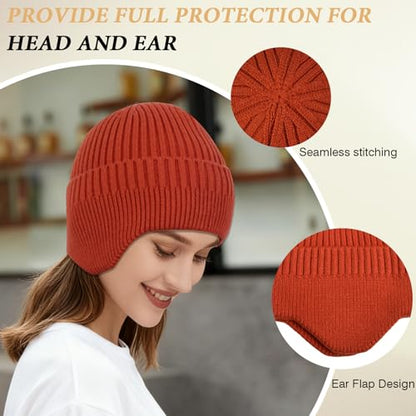 Beanie Hat with Earflap for Men Women, Soft Warm Knit Skull Caps Unisex Fashion Outdoor Winter Hats - color: Orange