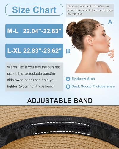 Sun Straw Hats for Women, Wide Brim Summer Beach Hat - color: Khaki, size: X-Large