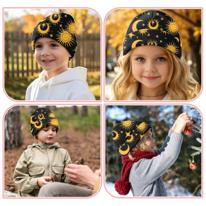 Kids Beanie Knit Hat Winter Unisex Cuffed Beanies Skull Cap Warm Double Layer Thick Acrylic Cute for Girls Boys - color: Sun Moon