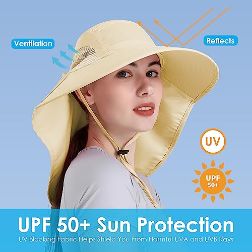 Womens Sun Hat UV Protection, Foldable Waterproof Wide Brim Bucket Hats with Neck Flap for Summer Beach Fishing Hiking - color: Beige