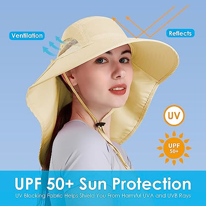Womens Sun Hat UV Protection, Foldable Waterproof Wide Brim Bucket Hats with Neck Flap for Summer Beach Fishing Hiking - color: Beige