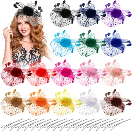 Tarpop 16 Pcs Fascinators Hat Tea Party for Women Flower Mesh Fascinators Hat Wedding Feather Headband Cocktail Hair Clip - color: Bright Color, style: Retro