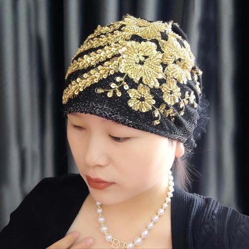 haozaikeji Women Flower Turban Hat Rhinestones Muslim Islamic Head Wrap African Pearl Turban Soft Stretchy Head Cover - color: Black-silver