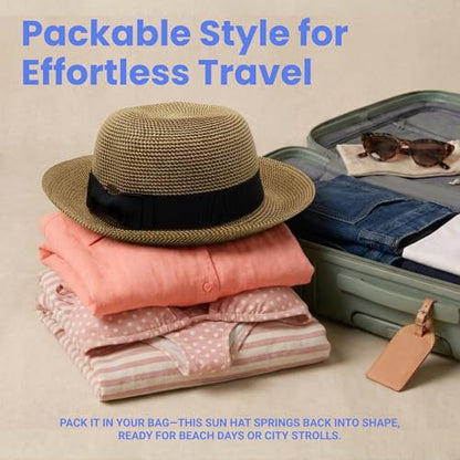 Funky Junque Foldable Wide Brim Straw Sun Hat, Packable Beach Cap - color: Brown Mix