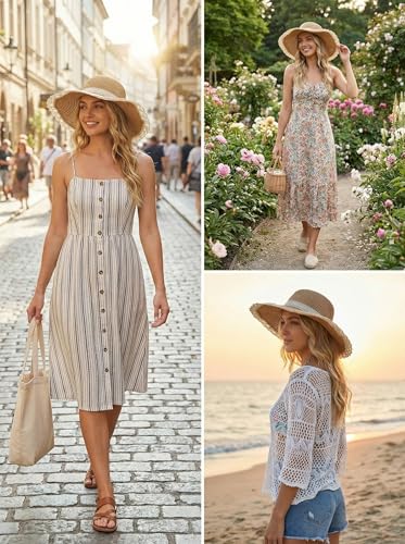 Beach Hats for Women, UPF 50+ Packable Floppy Lace Trim Sun Hat - color: Khaki