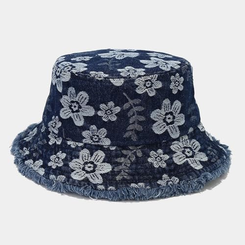 Quanhaigou Frayed Unisex Sun Hats, Fashion Beach Bucket Hat for Men Women,Summer Outdoor Boy's Girls Boonie Cap - color: Denim Floral D.blue