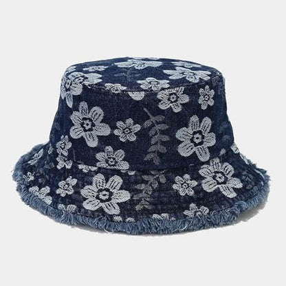 Quanhaigou Frayed Unisex Sun Hats, Fashion Beach Bucket Hat for Men Women,Summer Outdoor Boy's Girls Boonie Cap - color: Denim Floral D.blue