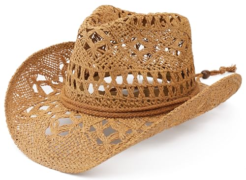 Straw Cowboy Hat for Women and Men with Shapeable Wide Brim Sun Beach Western Cowgirl Hat - color: Khaki