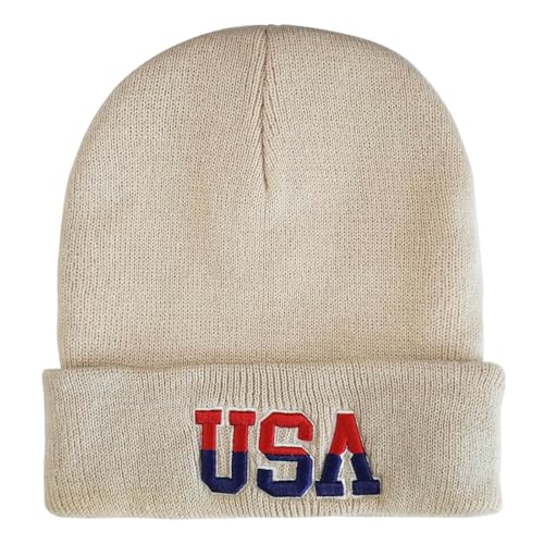 American Flag Beanie, USA Embroidered Winter Hat for Women Men - color: Usa-brown