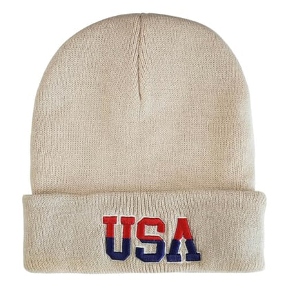 American Flag Beanie, USA Embroidered Winter Hat for Women Men - color: Usa-brown