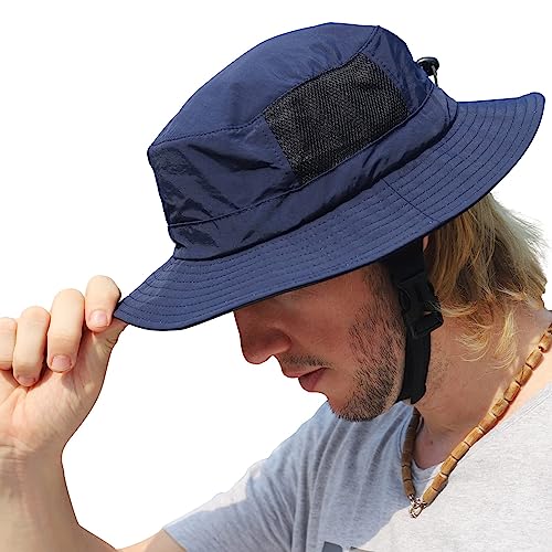 Men Bucket Hat Wide Brimmed Foldable Ladies Surf Sun Hat UPF50+ - color: Dark Blue