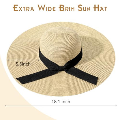 Beach Hat for Women, Wide Brim Sun Straw, UPF 50+ Foldable Floppy Sun Hat - color: B-beige