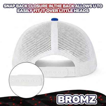 BROMZ Kids Youth American Flag Trucker Hat Flat Bill, Breathable Mesh Back Snapback Baseball Cap for Boys Girls 5-15 Years - color: White/Blue/Us Flag