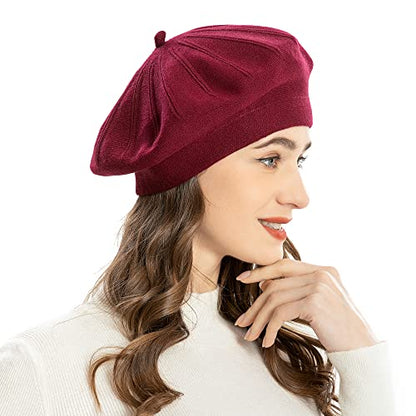 ZLYC Women French Beret Hat Reversible Solid Color Knit Warm Artist Cap - color: Burgundy