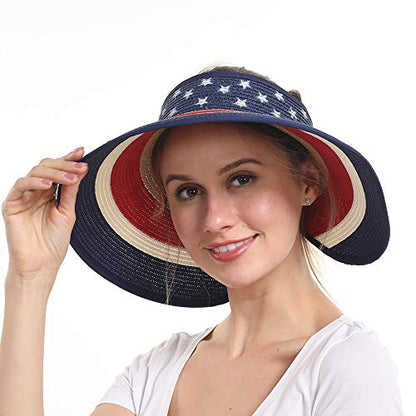 Women Sun Visors Foldable Straw Hats Summer Beach Packable Hat Floppy Wide Brim Cap Deep Style, Adjustable Size - color: American Classic
