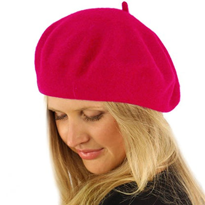 Classic Winter 100% Wool Warm French Art Basque Beret Tam Beanie Hat Cap - color: Hot Pink