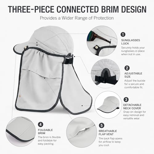 Palmyth Fishing Sun Hat with Detachable Neck Flap UPF 50+ Baseball Cap - color: Light Grey
