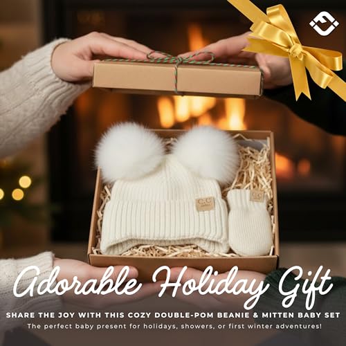 Funky Junque Baby Double Faux Fur Pom Pom Beanie & Mittens Set – Newborn Infant 0–9 Months Winter Hat with Soft Lined Mittens - color: Ear Flap Ivory W/ Ivory Mittens (0-9 Months)