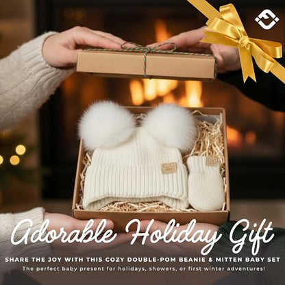 Funky Junque Baby Double Faux Fur Pom Pom Beanie & Mittens Set – Newborn Infant 0–9 Months Winter Hat with Soft Lined Mittens - color: Ear Flap Ivory W/ Ivory Mittens (0-9 Months)