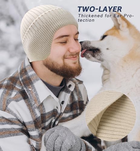 HiRui Knitted Beanie Hats Winter Hats Ear Covers for Men Women Kids Warm Slouchy - color: Beige