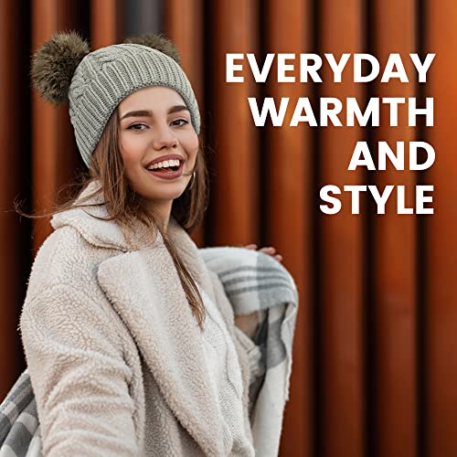 Arctic Paw Pom Pom Beanie Cable Knit Fleece Lined Winter Beanie Women Hat - color: Light Grey