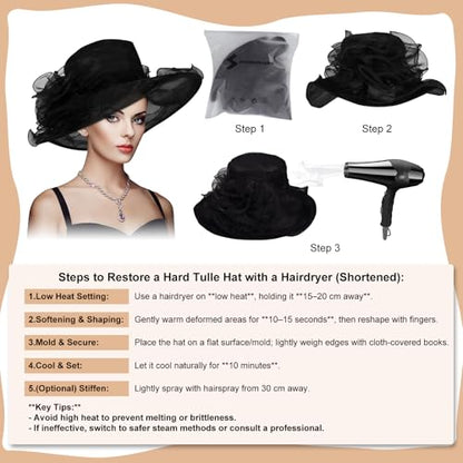 Derby Hats for Women 2025 Equestrian Derby Tea Party Fascinators Wide Brim - color: Black