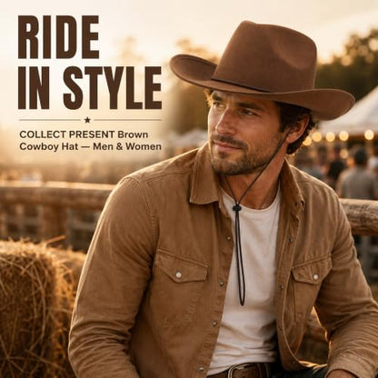 COLLECT PRESENT Plain Felt Cowboy & Cowgirl Hat for Men and Women | Western Studded Cowboy Hat in Adult Sizes - color: Brown