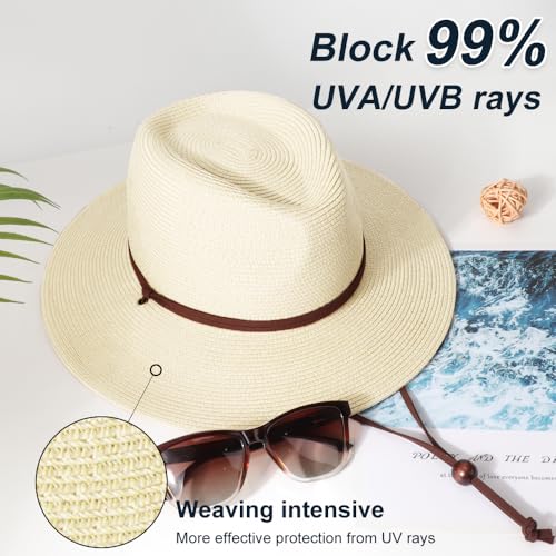 DRESHOW Womens Summer Straw Sun Hat Wide Brim Bucket Hats Fedora Hat Panama Beach Hat with Chin Strap UPF 50+ - color: 1 Pack Panama Hat: Oatmeal White