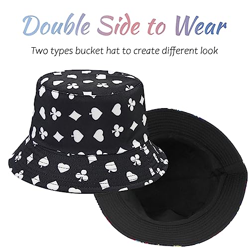 Reversible Bucket Hat for Women Summer Travel Fisherman Cap, Girls Cute Double Side Wear Bucket Cap - color: Poker