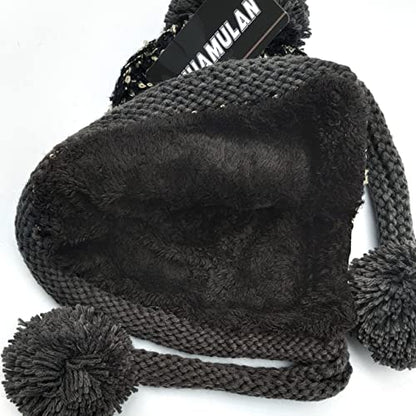 HUAMULAN Women Winter Sherpa Knit Beanie Hat Fleece Lined Ear Flaps - color: Black