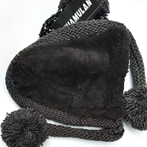 HUAMULAN Women Winter Sherpa Knit Beanie Hat Fleece Lined Ear Flaps - color: Black