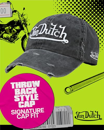 Von Dutch Unisex Cotton Canvas Baseball Cap, Curved Brim, Snapback - color: Black Distressed
