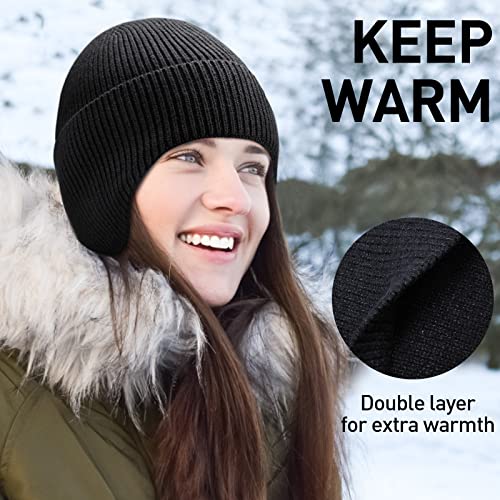 Arcweg Beanie with Earflap for Men Women Winter Warm Thermal Hats Stocking Cap Toboggan Outdoor Hat - color: Black+black