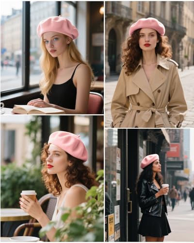 French Beret Hats for Women - Wool Solid Color Beanie Cap - color: Pink