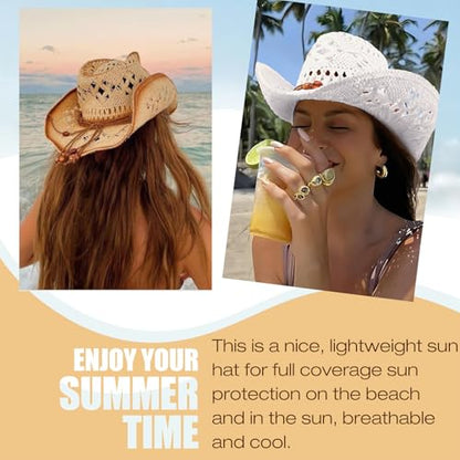 AQOKKA Straw Cowboy Hats for Women Men Western Cowgirl Hats with Shapeable Brim Woven Hollow Out Unisex Beach Roll Up Caps - color: Brown Beads Cowboy Hat : White