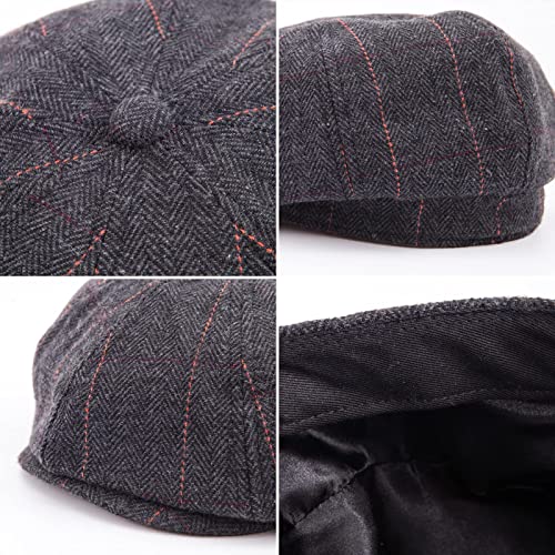 LADYBRO 8 Panel Newsboy Hats for Men Cap Irish Wool Blend Tweed, Adjustable - color: 001 Plaid Black, size: 7 3/4-8