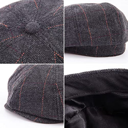 LADYBRO 8 Panel Newsboy Hats for Men Cap Irish Wool Blend Tweed, Adjustable - color: 001 Plaid Black, size: 7 3/4-8