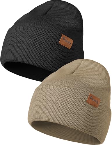 Beanie Hats for Men Women Knit Winter Hat, Warm Skull Stocking Cap, Striped Snow Hat Heated Cuffed Beanie - color: 2p-black+deep Khaki