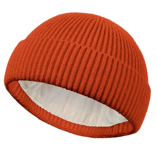 Short Fisherman Beanie for Men Women Wool Fleece Lined Winter Hat - color: 1pcs-orange