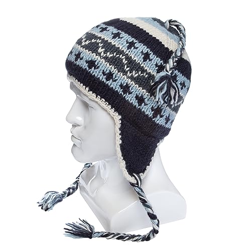 Hand Knit Sherpa Hat with Micro Fleece Lining and Eclectic Patterns, Handmade Winter Toque, Christmas Beanie, Made in Nepal - color: Navy, Light Blue & Grey, style: Waves