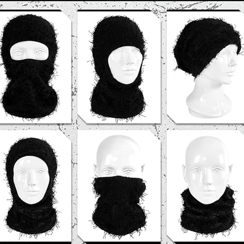 KORADI Women's Balaclava Mens Distressed Tassel Knit Hat Ski Full Face Masks Hats Winter Heart Embroidery Y2k Beanies - color: Coffee