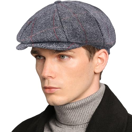 Mens Newsboy Cap High Woolen Tweed Gatsby Hat Ivy Cabbie Flat Golf Cap for Fathers Women Unisex - color: Herringbone Plaid Grey, size: 7 1/8-7 1/4