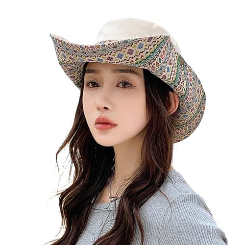 Womens Wide Brim Floral Summer Sun Hat UPF 50+ Ethnic Style Foldable Floppy Sun Protection Travel Beach Bucket Hat - color: Beige