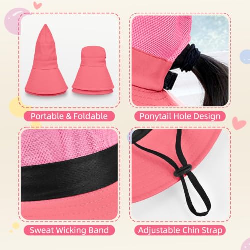 ZOORON Kids Girls Ponytail Sun Hat UPF 50+ Breathable Mesh Water-Resistant - color: Solid Watermelon Red